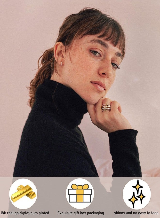 TLY Gold Silver Stackable Rings for Women Mixed Metal Interlocked Statement Ring Stack 14K Gold Plated Cubic Zirconia Fashion Two Tone Connected Bands Size 4-11 - Image 3